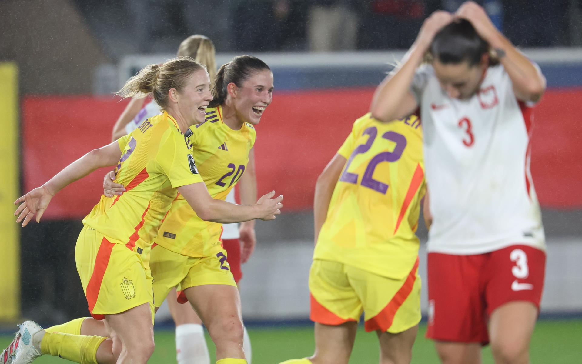 Belgium's Elena Dhont celebrates after scoring during a soccer game between Belgium's national women's team the Red Flames and Poland, on Friday 9 October 2026 in Leuven, the first leg of the play-off for the 2027 FIFA Women's World Cup. BELGA PHOTO VIRGINIE LEFOUR