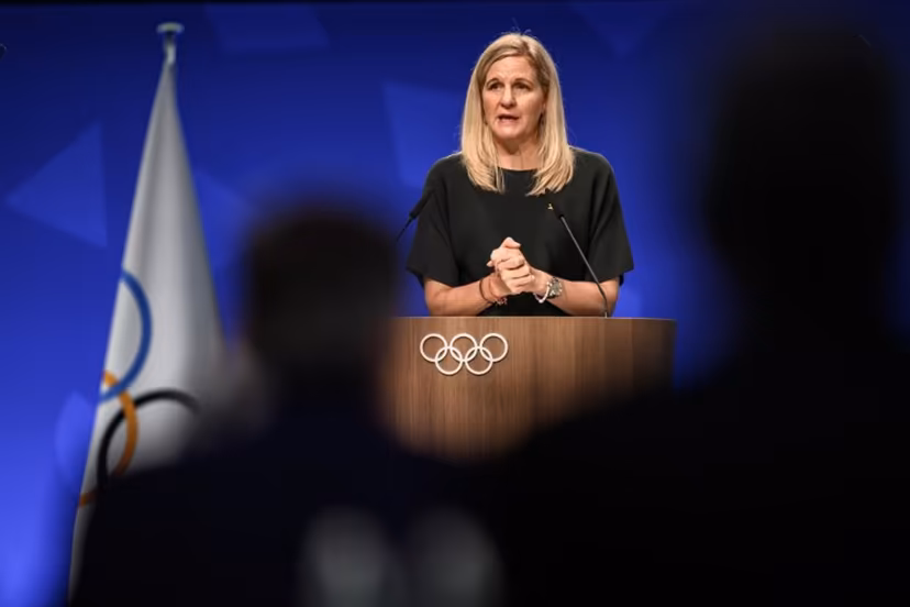 International Olympic Committee president (IOC) Kirsty Coventry delivers her speech at the opening of an IOC session, in Lausanne, on June 24, 2026. Fabrice COFFRINI / AFP
