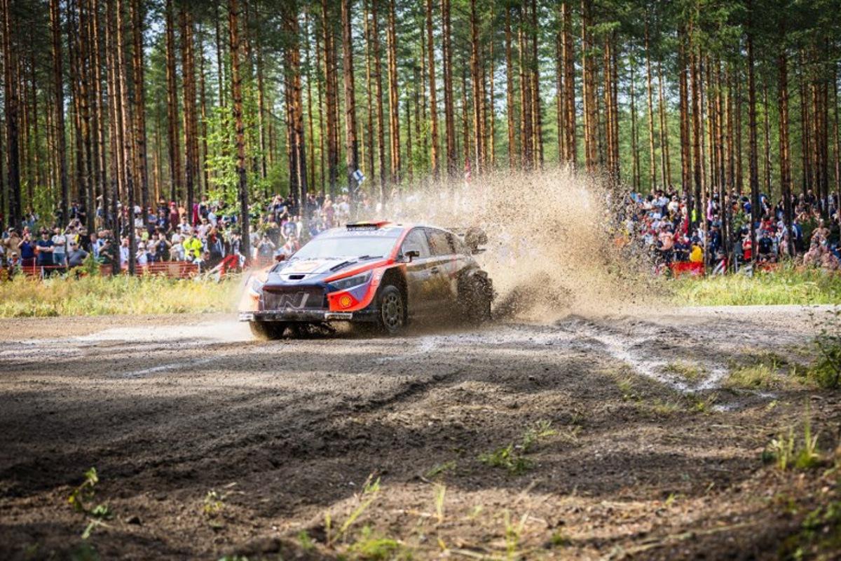 Belgian driver Thierry Neuville and co-driver Martijn Wydaeghe compete in their Hyundai i20 N Rally 1 during the special stage Saarikas 2 at the FIA WRC Rally Finland in Jyvaeskylae, Finland, on August 1, 2025. Valtteri Vainio / Lehtikuva / AFP