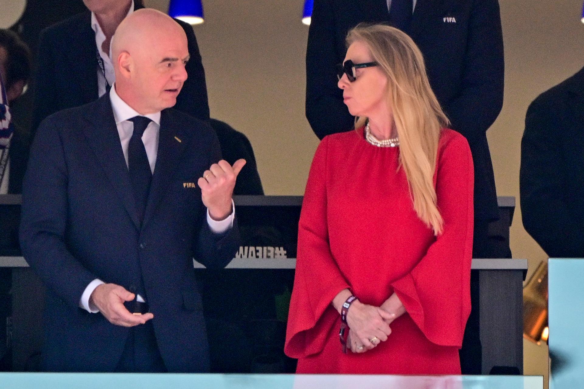 President of FIFA Gianni Infantino and RBFA chairwoman Pascale Van Damme pictured during a soccer game between the USA and Belgian national team Red Devils, on Monday 06 July 2026, at the Seattle Field, in Seattle, a 1/8 finals game in the FIFA World Cup 2026. BELGA PHOTO DIRK WAEM