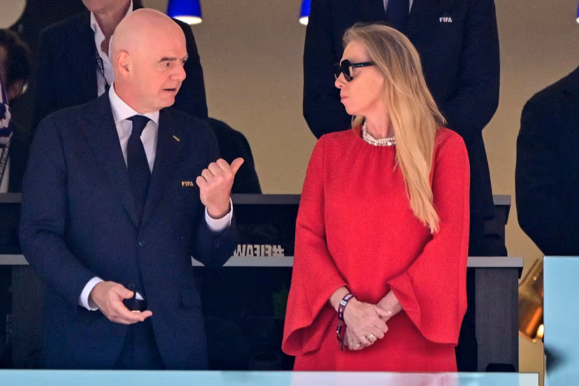 President of FIFA Gianni Infantino and RBFA chairwoman Pascale Van Damme pictured during a soccer game between the USA and Belgian national team Red Devils, on Monday 06 July 2026, at the Seattle Field, in Seattle, a 1/8 finals game in the FIFA World Cup 2026. BELGA PHOTO DIRK WAEM