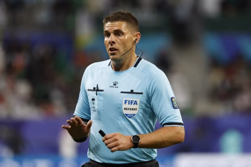 Australian referee Shaun Evans gestures during the Qatar 2023 AFC Asian Cup Group F football match between Saudi Arabia and Oman at the Khalifa International Stadium in Doha on January 16, 2024. KARIM JAAFAR / AFP