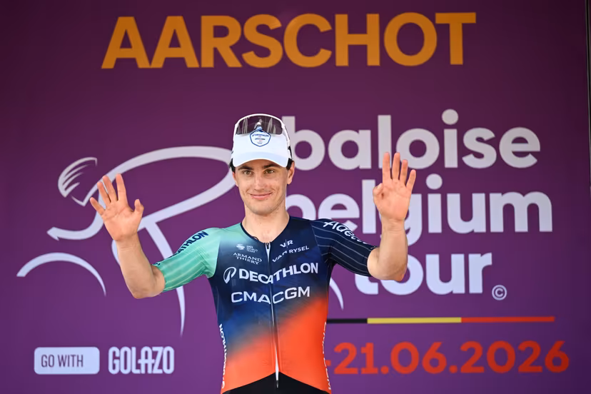 Dutch Olav Kooij of Decathlon CMA CGM Team celebrates on the podium after winning stage 4 of the Baloise Belgium Tour cycling race, 183,5km from Begijnendijk to Aarschot, on Saturday 20 June 2026. The Baloise Belgium Tour takes place from 17 to 21 June. BELGA PHOTO JASPER JACOBS