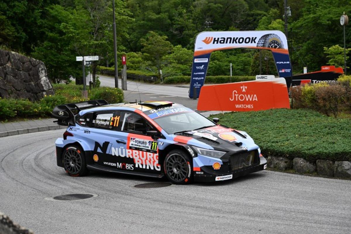Thierry Neuville of Belgium and his co-driver Martijn Wydaeghe of Belgium drive their Hyundai i20 N Rally1 during the shakedown of the Rally Japan, the 7th round of the FIA World Rally Championships in Toyota city, Aichi prefecture on May 28, 2026. Toshifumi KITAMURA / AFP