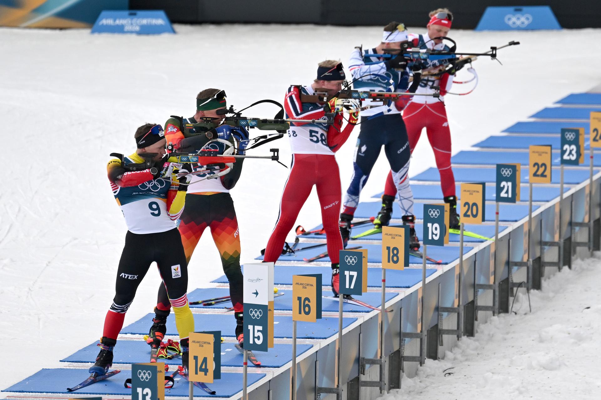 Belgian biathlete Thierry Langer (L) pictured in action during the Biathlon Men's 20km Individual competition at the Anterselva Biathlon Arena in Cortina, part of the Milano Cortina 2026 Olympic Winter Games, on Tuesday 10 February 2026, Italy. The XXV Winter Olympics take place from 6 to 22 February 2026 in Italy. BELGA PHOTO ANTHONY BEHAR - BENELUX ONLY