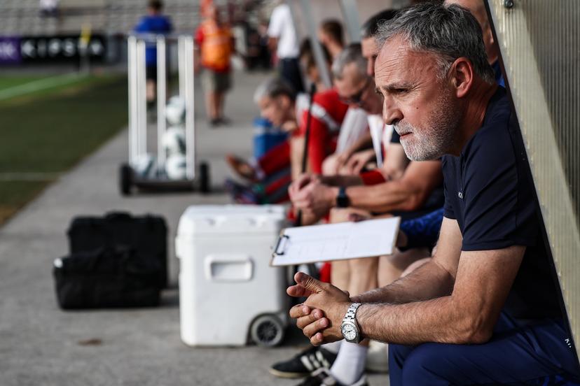 Mons' coach Emilio Ferrera pictured at the start of a friendly game between Division 1 ACFF team RAEC Mons and 1st division team Sporting Charleroi, Friday 27 June 2025 in Mons, in preparation of the upcoming 2025-2026 season. BELGA PHOTO BRUNO FAHY