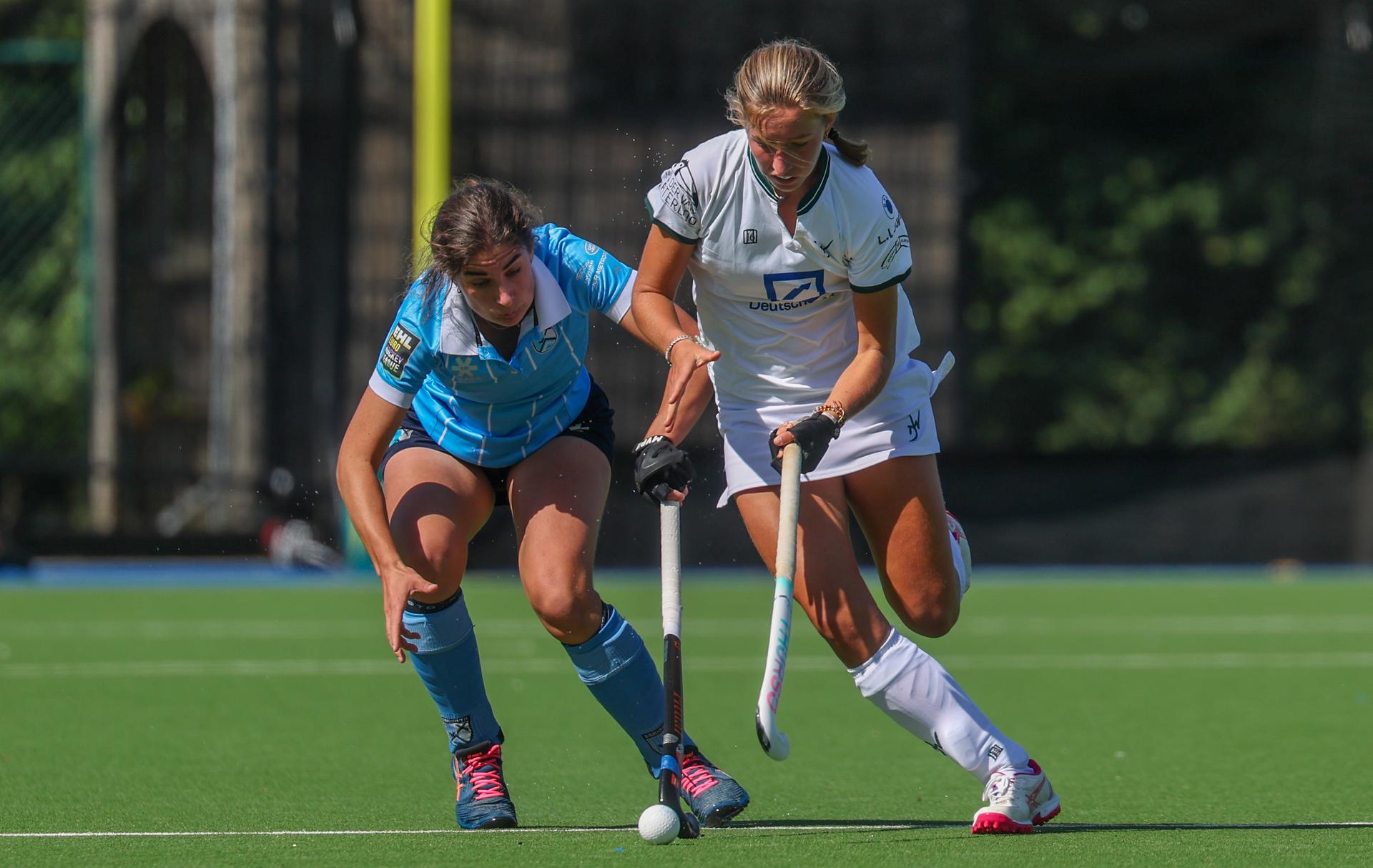 Braxgata's Lore Hillewaert and Watduck's Agathe Favart fight for the ball during a hockey game between Braxgata and Waterloo Ducks, Saturday 06 September 2025 in Boom, on day 1 of the Belgian Women Hockey League season 2025-2026. BELGA PHOTO VIRGINIE LEFOUR
