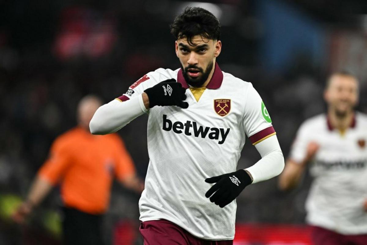 West Ham United's Brazilian midfielder #10 Lucas Paqueta celebrates after scoring his team first goal during the English FA Cup third round football match between Aston Villa and West Ham United at Villa Park in Birmingham, central England on January 10, 2025. Ben STANSALL / AFP