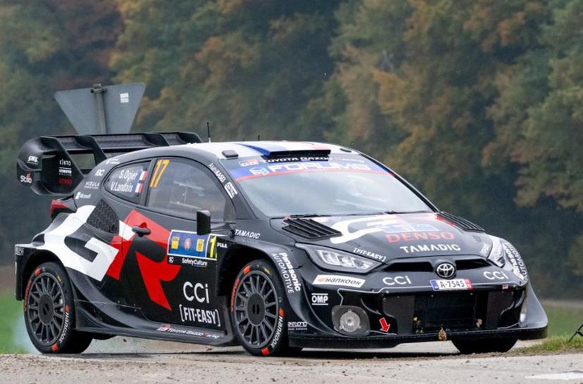 French driver Sebastien Ogier and co-driver Vincent Landais compete in their Toyota GR Yaris Rally1 car during day three of the FIA World Rally Championship WRC Central European Rally at the SS9 "Made in FRG" stage near Roehrnbach close to Passau, southern Germany on October 18, 2025. Joe Klamar / AFP