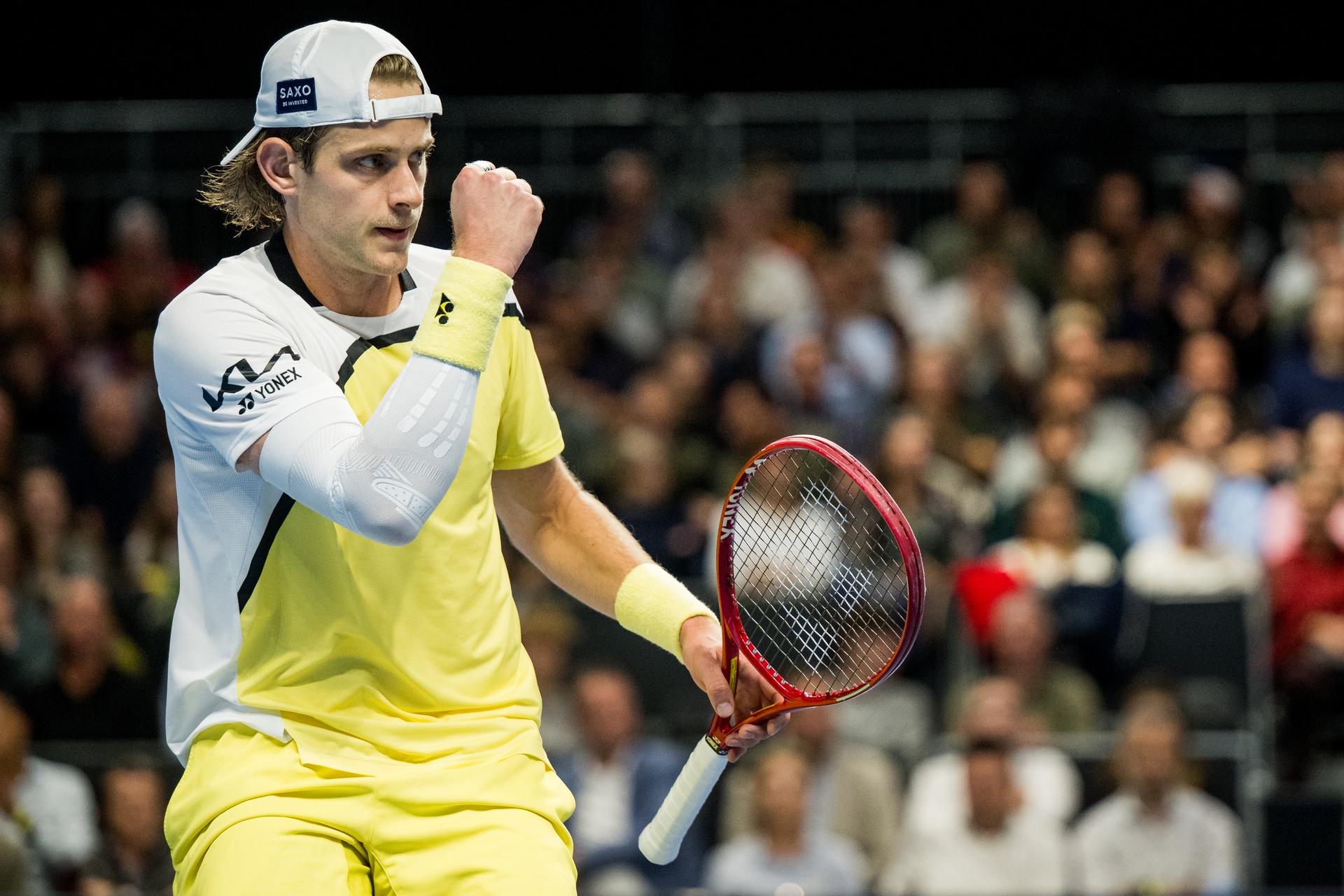 Zizou Bergs of Belgium celebrates after winning the European Open ATP tennis tournament in Brussels, on Thursday 22 October. This year's edition of the tournament is taking place from 17 to 25 October BELGA PHOTO JASPER JACOBS