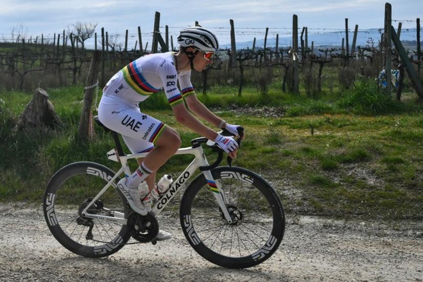 Team UAE's Slovenain rider Tadej Pogacar rides during the 19th one-day classic Strade Bianche (White Roads) men's cycling race between Siena and Siena in Tuscany on March 8, 2025. Marco BERTORELLO / AFP
