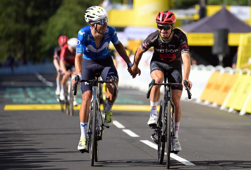 Spanish Javier Romo Oliver of Movistar Team and French Julian Alaphilippe of Tudor Pro Cycling Team crosses the finish line of the stage 10 of the 2026 Tour de France cycling race, a stage of 167km from Aurillac to Le Lioran, on Tuesday 14 July 2026. The 113th edition of the Tour de France starts on Saturday 4 July in Barcelona, Spain, and will finish in Paris, France on the 26th of July. BELGA PHOTO POOL LUCA BETTINI