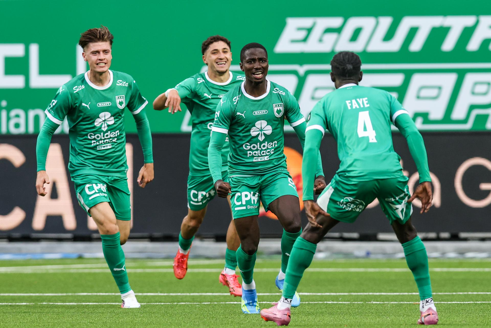 RAAL's Mustapha Isah celebrates after scoring during a soccer match between RAAL La Louviere and KV Kortrijk, Sunday 13 September 2026 in La Louviere, on day 6 of the 2026-2027 'Jupiler Pro League' first division of the Belgian championship. BELGA PHOTO BRUNO FAHY