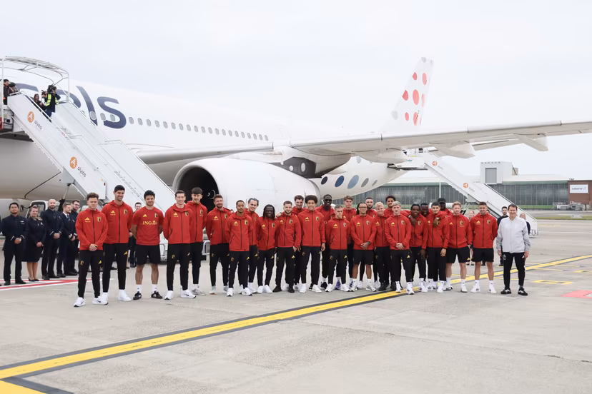 Belgium's players pictured at the departure of Belgian national soccer team the Red Devils from Brussels Airport, Monday 08 June 2026, in Zaventem. The Red Devils fly to their base camp in Seattle for the FIFA World Cup 2026 which is held in the United States, Canada and Mexico. BELGA PHOTO BRUNO FAHY