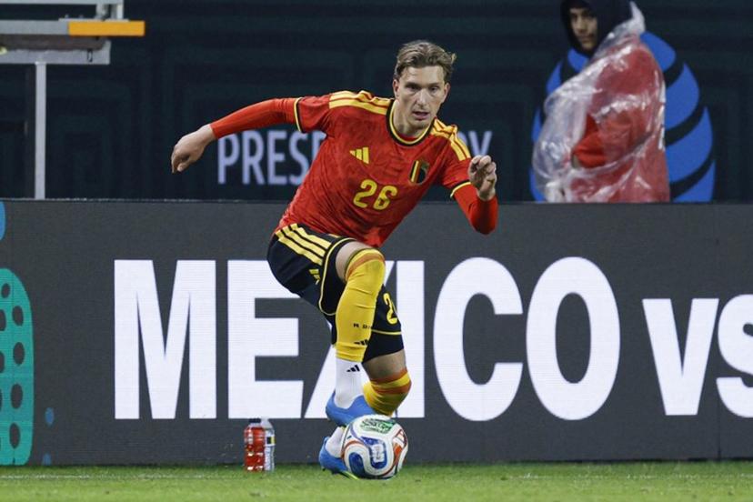 Belgium's forward #26 Mika Godts controls the ball during a friendly football match between Mexico and Belgium at Soldier Field in Chicago, Illinois, on March 31, 2026. KAMIL KRZACZYNSKI / AFP