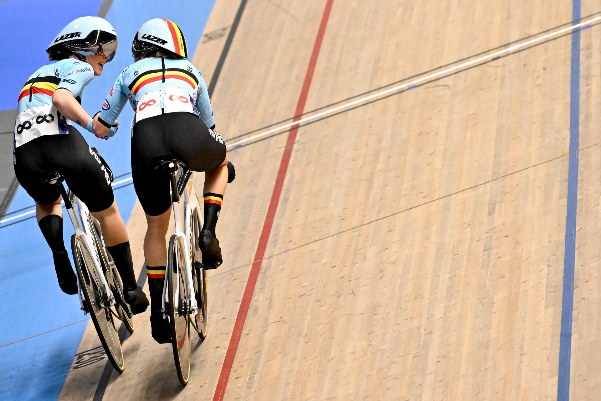 Belgian Katrijn De Clercq and Belgian Helene Hesters pictured in action during the women's Madison final at the 2025 UEC Track Elite European Championships, in Heusden-Zolder, Belgium, Sunday 16 February 2025. The European Championships take place from 12 to 16 February. BELGA PHOTO DIRK WAEM