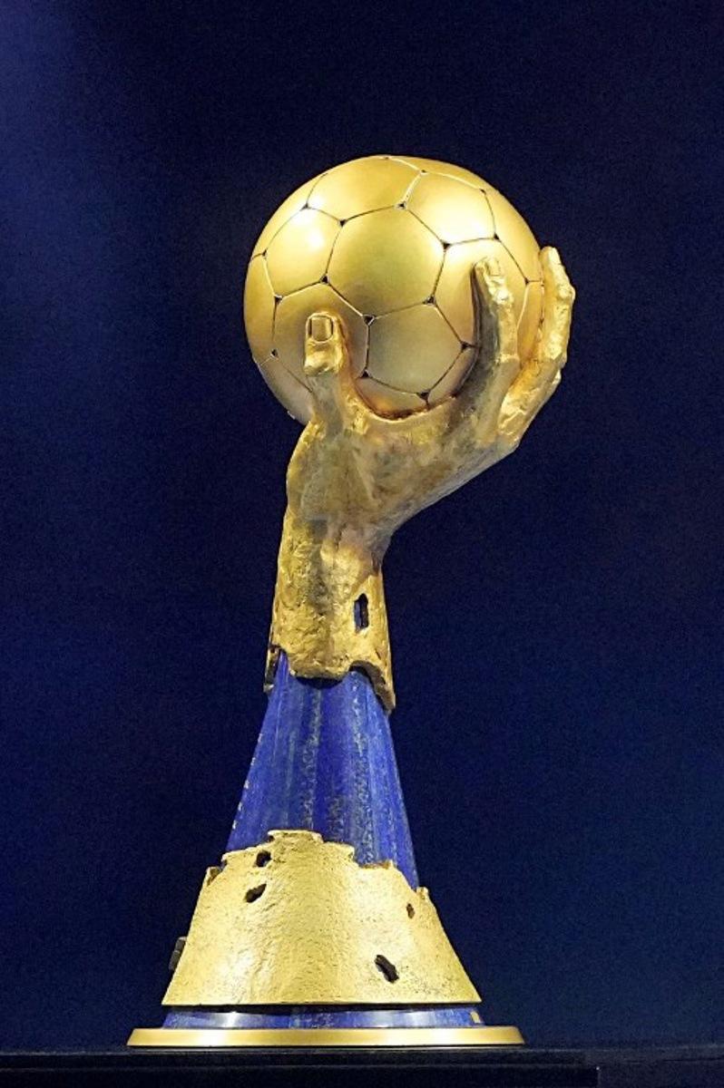 The IHF World Championship trophy is displayed prior to the Preliminary Round Group B match between Denmark and Algeria of the IHF Men's Handball World Championship in Herning, Denmark on January 14, 2025. Bo Amstrup / Ritzau Scanpix / AFP