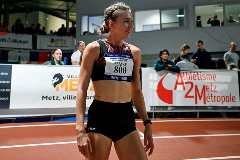 Netherlands' athlete Femke Bol reacts after winning the women's 800m final during the Athlelor indoor meeting at L'Anneau athletics hall in Metz on February 8, 2026. On October 10, 2025, Femke Bol announced her retirement from the 400-meter hurdles, the event in which she is a two-time world champion. The 25-year-old athlete then announced her intention to focus on the 800 meters. Jean-Christophe VERHAEGEN / AFP