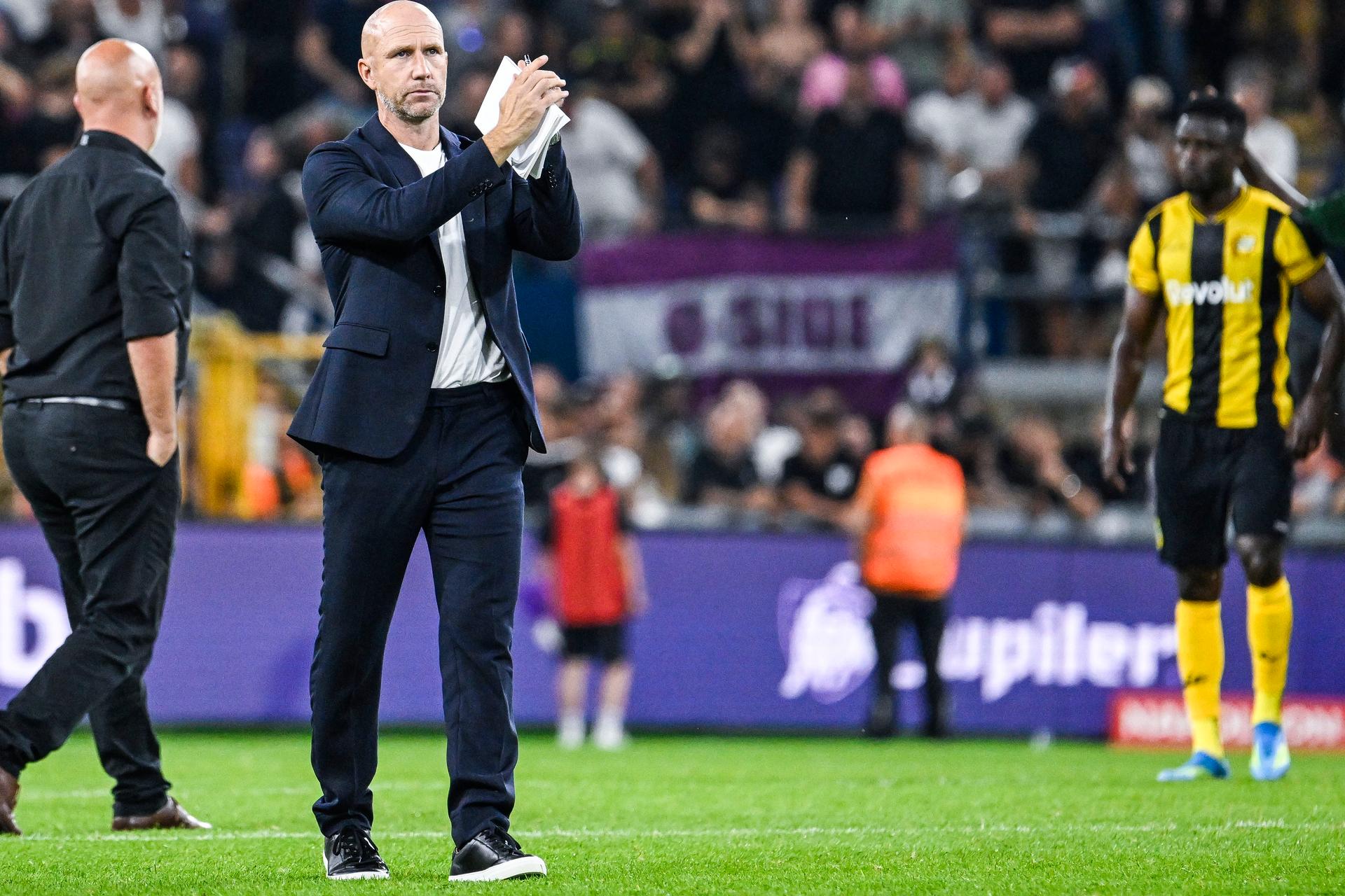Hammarby's head coach Henrik Rydstrom looks dejected after losing a soccer game between Belgian RSC Anderlecht and Swedish Hammarby IF, Thursday 30 July 2026 in Brussels, the return leg of the second qualifying round for the UEFA Europa League. The first leg ended in a 1-1 draw. BELGA PHOTO TOM GOYVAERTS