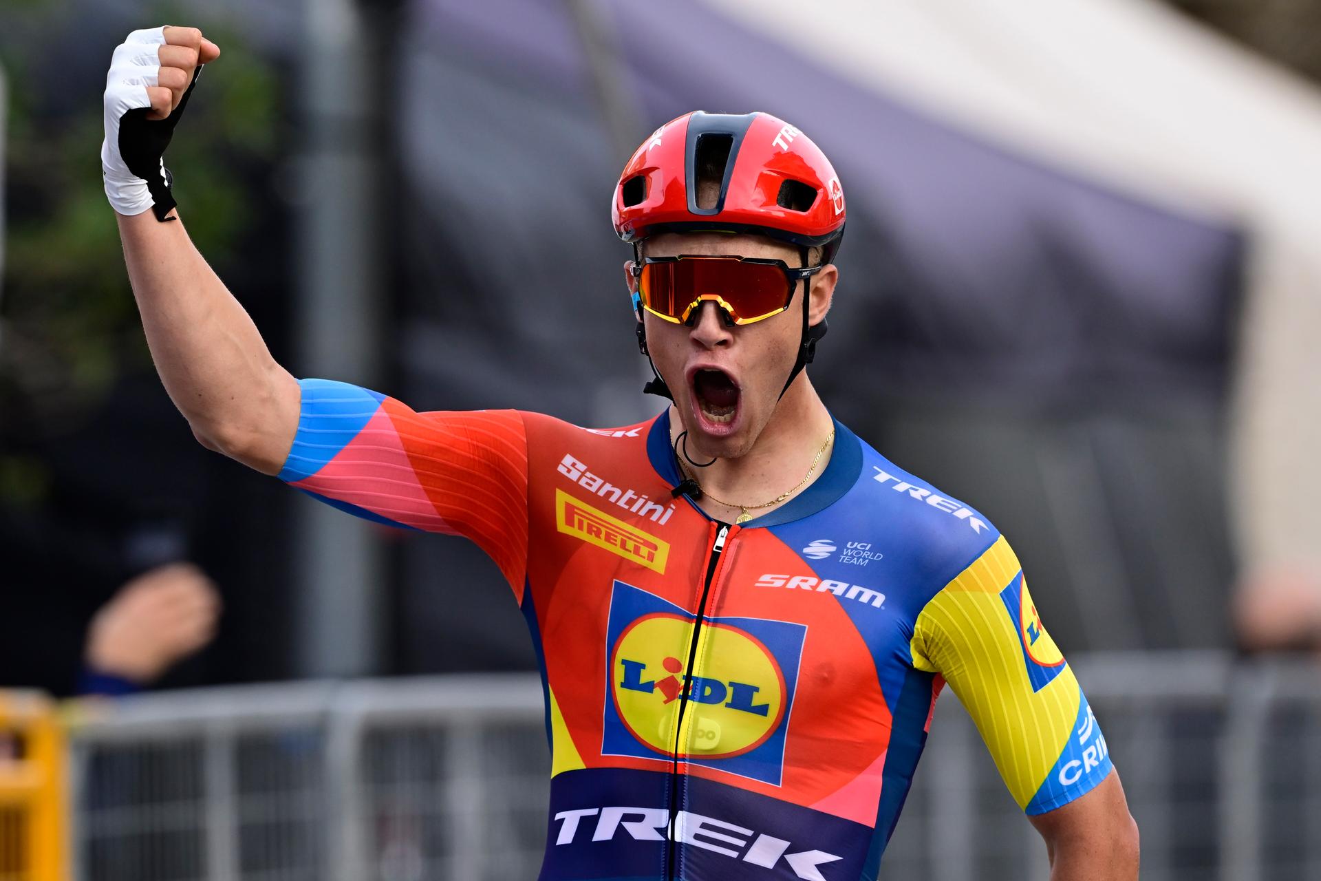 Italian Jonathan Milan of Lidl-Trek celebrates after winning the second stage of the Tirreno-Adriatico cycling race, a 189km race from Camaiore to Follonica, Italy, Tuesday 11 March 2025. BELGA PHOTO DIRK WAEM