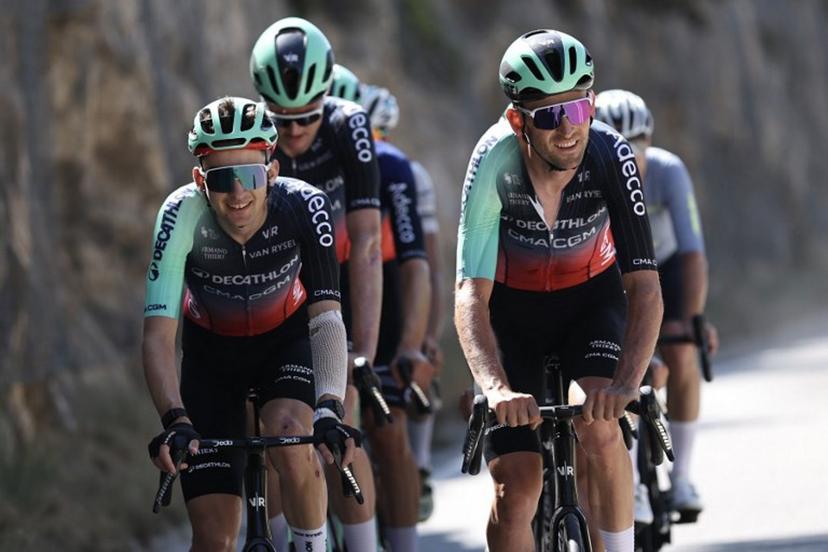 Decathlon CMA CGM Team's French rider Paul Seixas (L) and Decathlon CMA CGM Team's Belgian rider Tiesj Benoot (R) cycle during a team training session on the eve of the start of the 113th edition of the Tour de France cycling race, in Barcelona in northeastern Spain, on July 3, 2026. Anne-Christine POUJOULAT / AFP