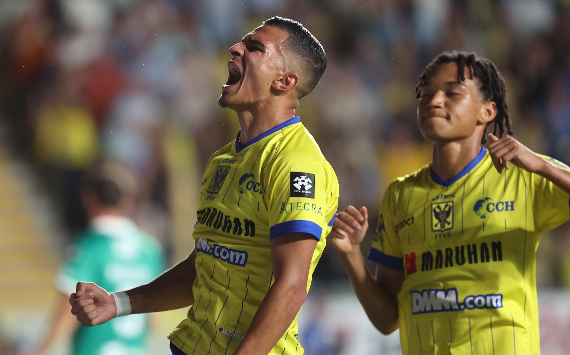 STVV's Ilias Sebaoui celebrates after scoring during a soccer match between STVV and Lommel SK, Saturday 08 August 2026 in Sint-Truiden, on day 1 of the 2026-2027 'Jupiler Pro League' first division of the Belgian championship. BELGA PHOTO VIRGINIE LEFOUR