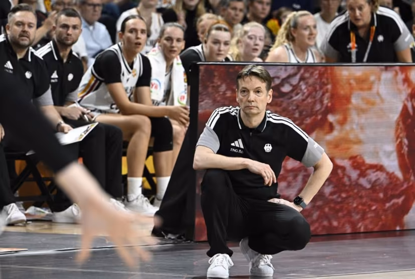 Germany's head coach Olaf Lange reacts during the 2026 FIBA Women's Basketball World Cup Group A match between Germany and Japan at the Berlin Arena in Berlin on September 5, 2026. Tobias SCHWARZ / AFP