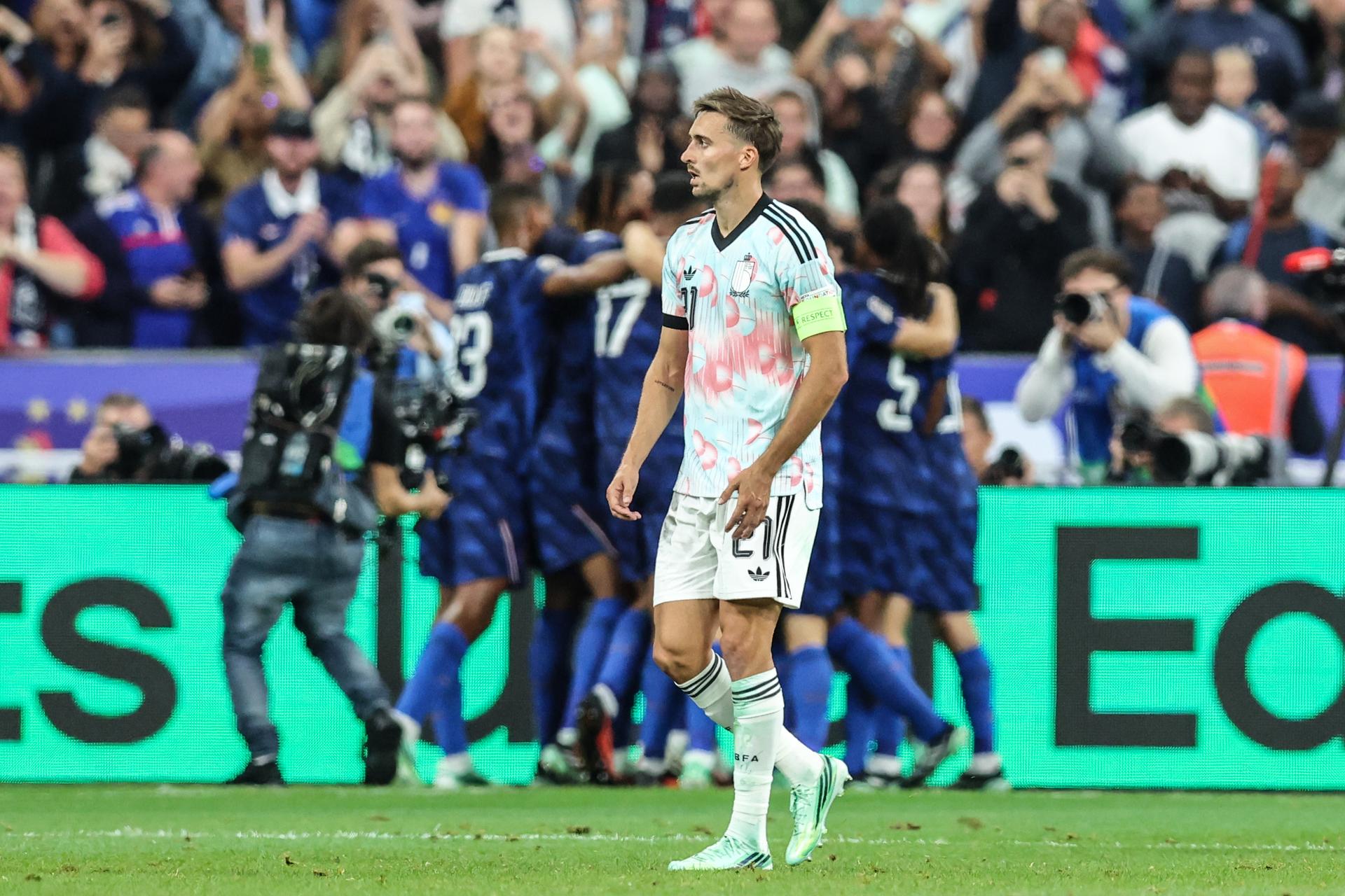 Belgium's Timothy Castagne looks dejected during a soccer game between France and Belgian national team Red Devils, on Monday 5 October 2026 in Saint-Denis, France, the fourth (of 6) game of the UEFA Nations League group stage. BELGA PHOTO BRUNO FAHY