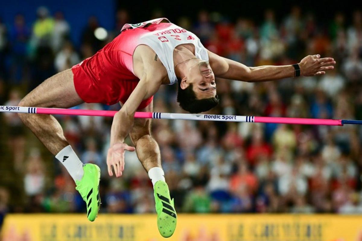 Poland's Mateusz Kolodziejski competes in the men's high jump final during the European Athletics Championships at Alexander Stadium in Birmingham on August 14, 2026. Ben STANSALL / AFP