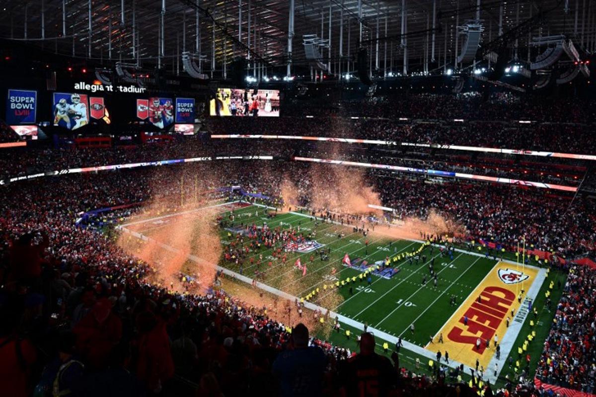A general view shows the field after the Kansas City Chiefs won Super Bowl LVIII against the San Francisco 49ers at Allegiant Stadium in Las Vegas, Nevada, February 11, 2024. Patrick T. Fallon / AFP