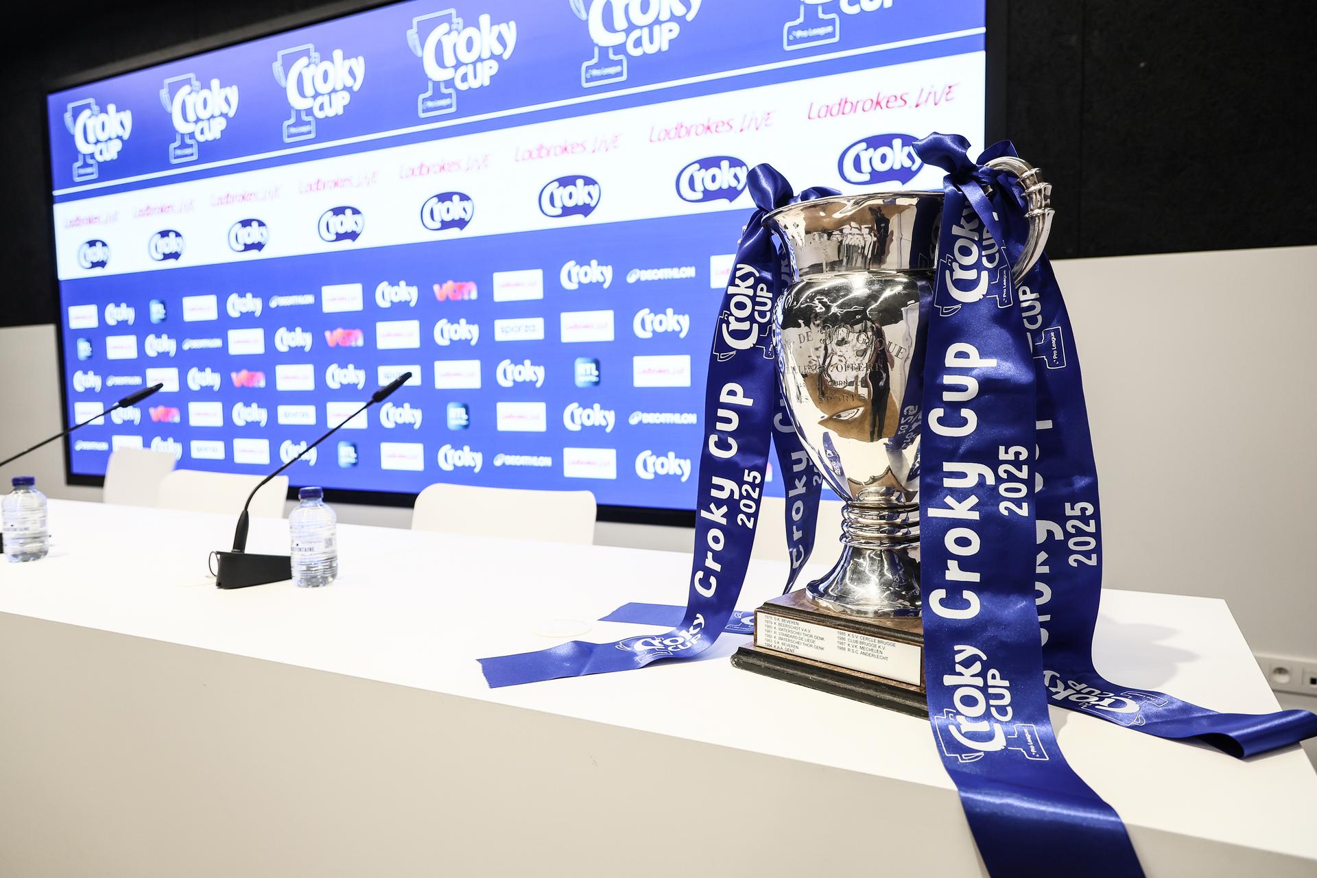 this picture shows the Croky cup trophy ahead of a press conference of Belgian soccer team RSC Anderlecht in Brussels, Saturday 03 May 2025. The team is preparing for the Belgian Cup final (Croky Cup) match against Club Brugge this sunday. BELGA PHOTO BRUNO FAHY