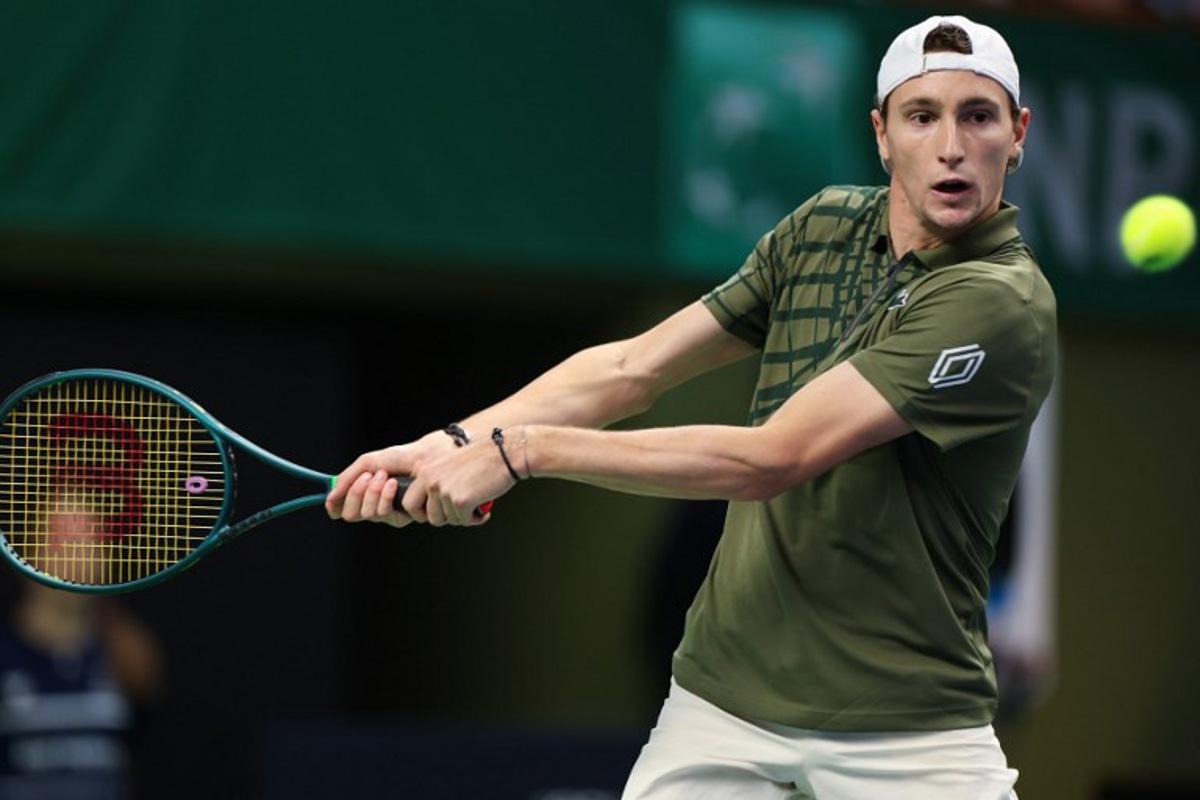 France's Ugo Humbert returns the ball to Norway's Casper Ruud (not in picture) during the singles final match of the BNP Paribas Nordic Open tennis tournament at the Royal Swedish Tennis Hall in Stockholm, Sweden, on October 19, 2025. Nils Petter NILSSON / TT News Agency / AFP