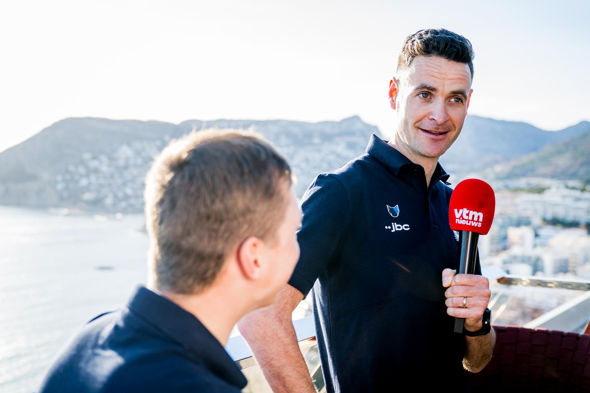 Belgian Mauri Vansevenant of Soudal Quick-Step and Belgian Pieter Serry of Soudal Quick-Step pictured during the media day of the Soudal Quick-Step cycling team in Calpe, Spain, Thursday 09 January 2025. BELGA PHOTO JASPER JACOBS