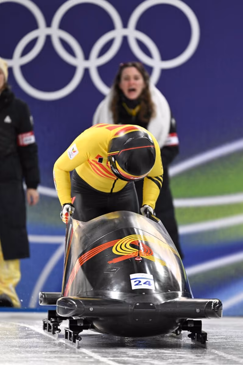 Kelly van Petegem of Belgium competes in Bobsleigh Women's Monobob Heat Two on day nine of the Milano Cortina 2026 Winter Olympic Games at Cortina Sliding Centre, Cortina d'Aprezzo, Italy, February 15, 2026. (Photo by Anthony Behar/Sipa USA) BELGIUM ONLY