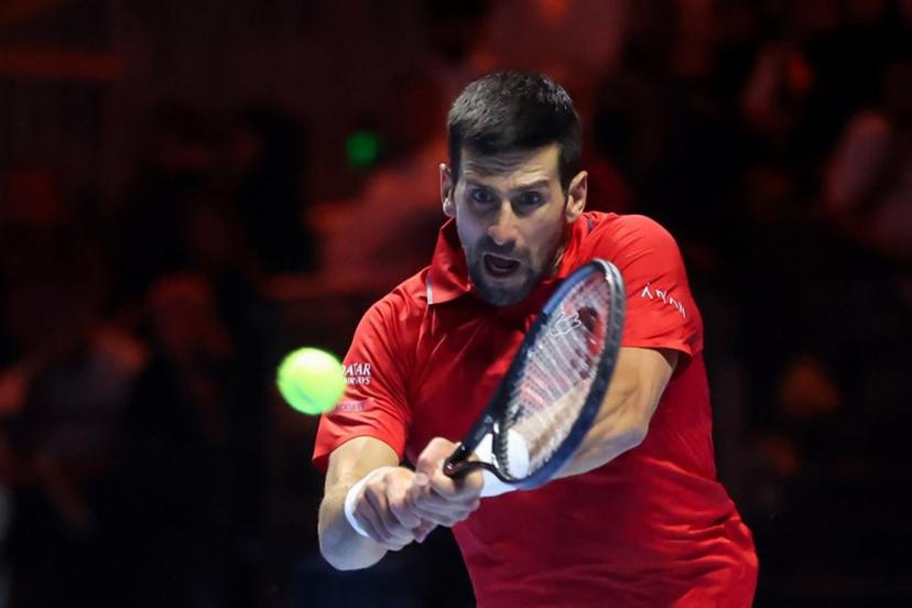 Serbia's Novak Djokovic hits a return against US' Taylor Fritz during the third-placed match at the Six Kings Slam exhibition tennis tournament in Riyadh on October 18, 2025. Fayez NURELDINE / AFP