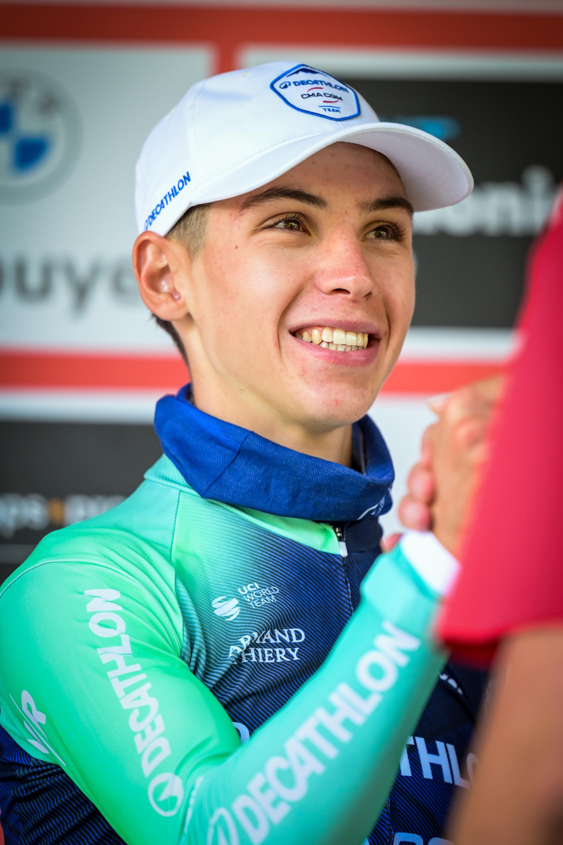 French Aubin Sparfel of Decathlon CGM CMA pictured on the podium after the one day cycling race Grand Prix de Wallonie 2026 (196,8 km), in Namur, on Wednesday 16 September 2026. BELGA PHOTO DAVID PINTENS