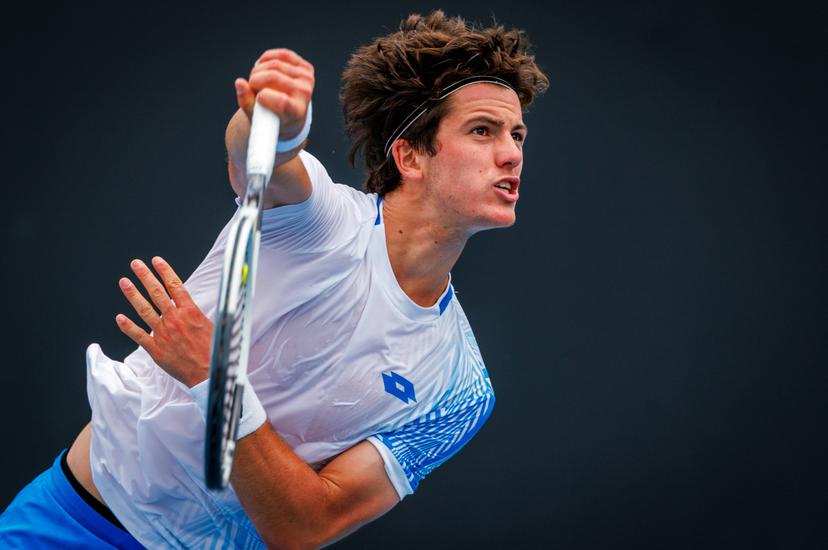 Belgium's Gilles-Arnaud Bailly pictured in action during a third round qualifying match in the men's singles against USA's Damm at the Australian Open, Melbourne Park, Melbourne on Thursday 15 January 2026. BELGA PHOTO PATRICK HAMILTON --- BENELUX ONLY ---