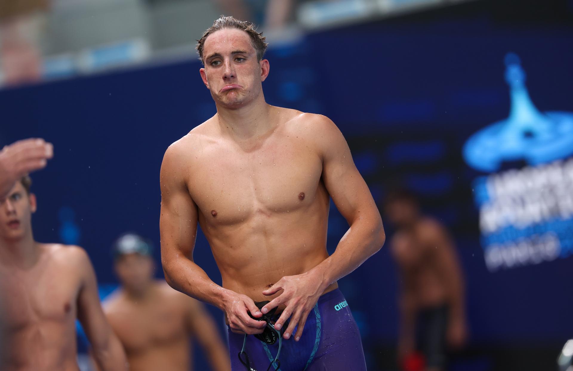 Belgian athlete Lucas Henveaux pictured after the heats of the Men's 400 m freestyle race on the last day of the European Aquatics Championships in Paris, France on Sunday 16 August 2026. BELGA PHOTO VIRGINIE LEFOUR