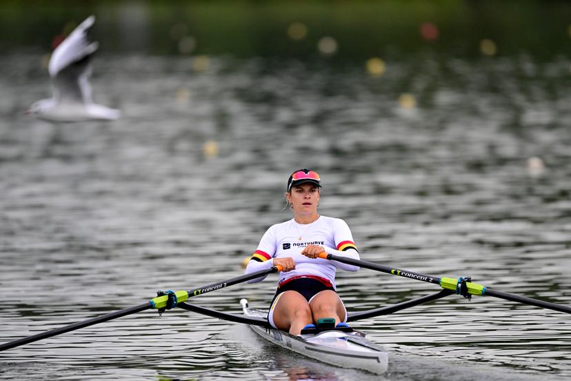 Belgian athlete Mazarine Guilbert pictured during a training session ahead of a press conference organized by the 'Vlaamse Roeiliga' Flemish rowing federation, Tuesday 09 September 2025 in Willebroek, to present the athletes and new coaching staff that will take part to the World Championships in Shanghai (September 21-28). BELGA PHOTO DIRK WAEM