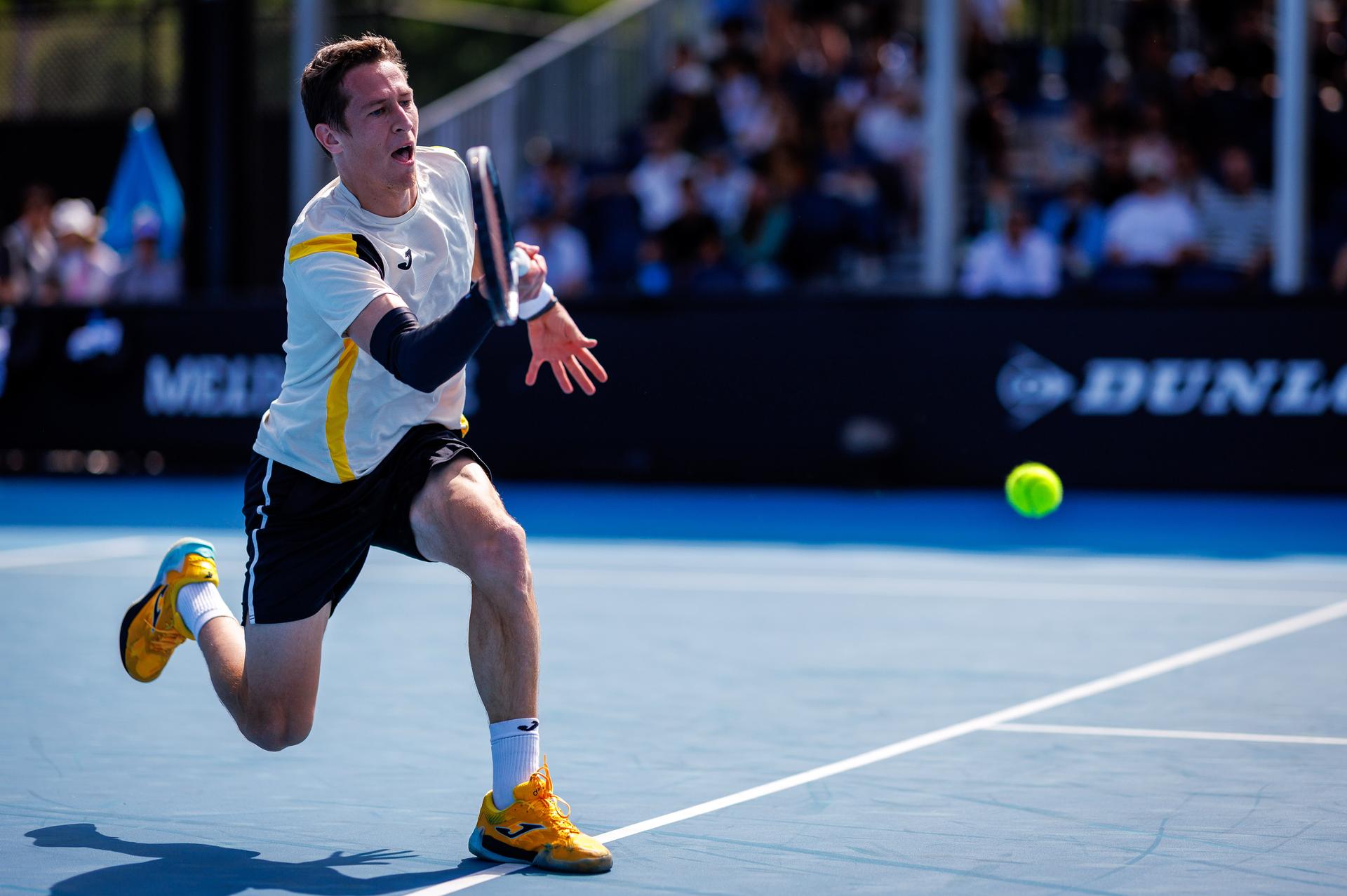Belgium's Kimmer Coppejans pictured in action during a third round qualifying match in the men's singles against USA's Svajda at the Australian Open, Melbourne Park, Melbourne on Thursday 15 January 2026. BELGA PHOTO PATRICK HAMILTON --- BENELUX ONLY ---
