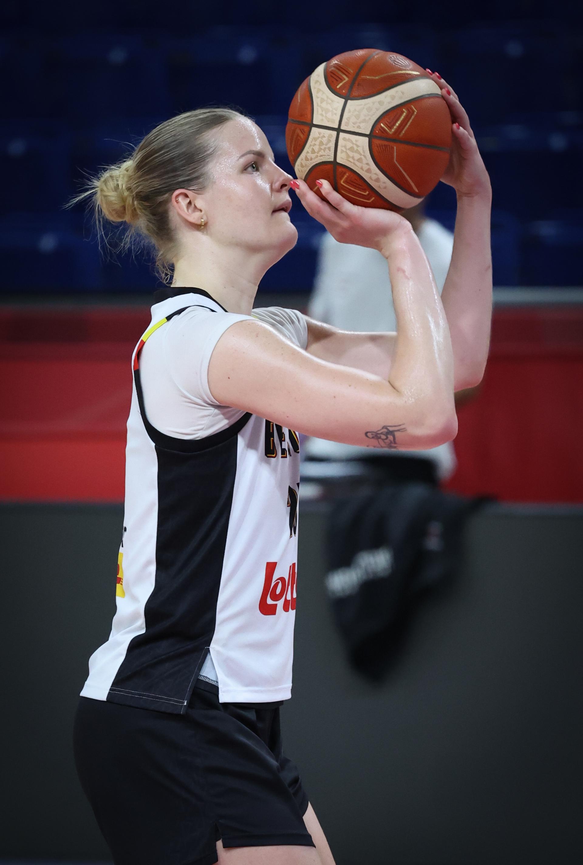 Belgium's Becky Massey pictured during a training of the Belgian national women team 'the Belgian Cats', in Brno, Czech Republlic, on Wednesday 18 June 2025, at the FIBA Women's EuroBasket 2025. BELGA PHOTO VIRGINIE LEFOUR