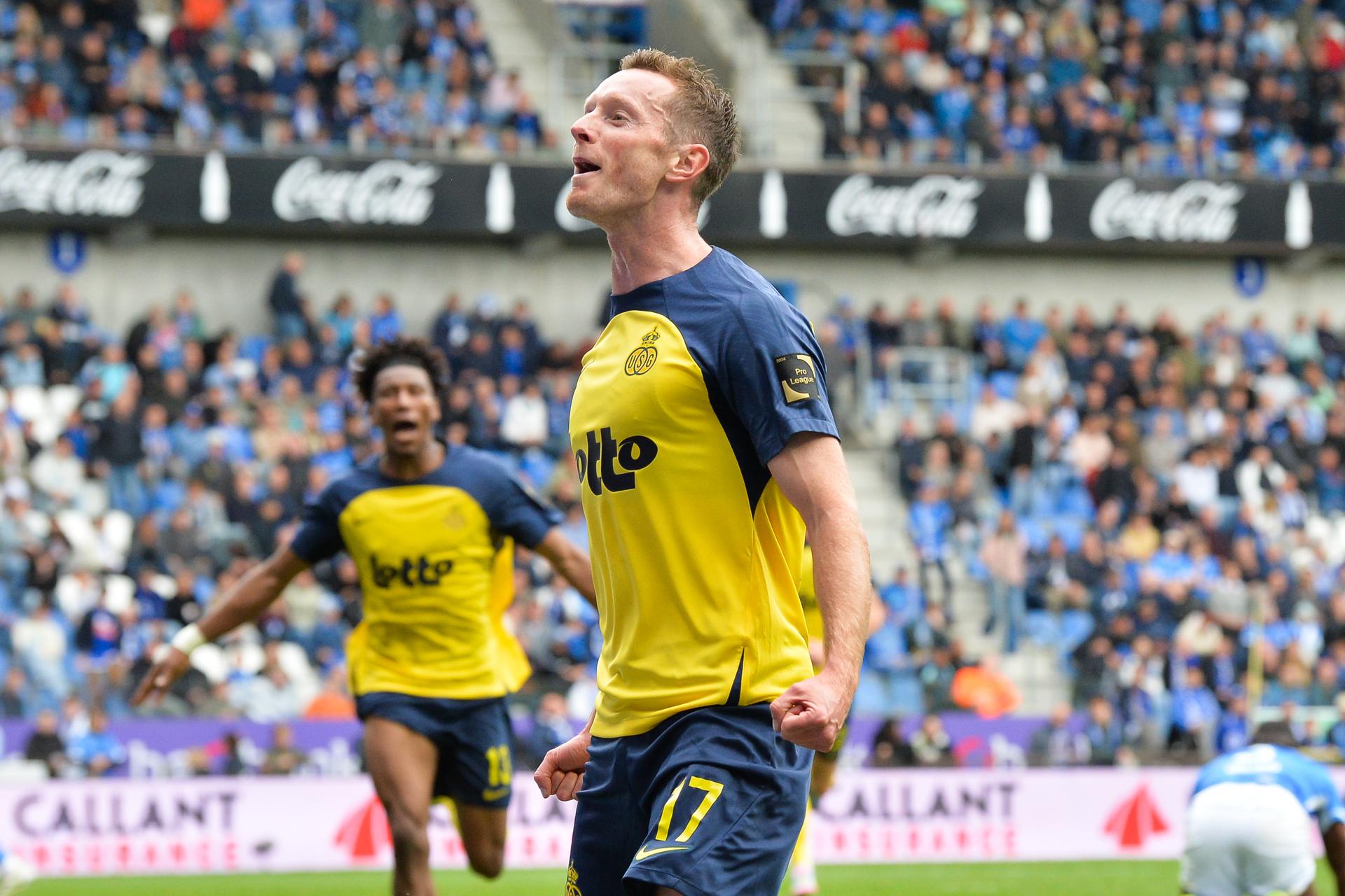 Union's Rob Schoofs celebrates after scoring during a soccer match between KRC Genk and Royale Union Saint-Gilloise, Sunday 21 September 2025 in Genk, a game of day 8 of the 2025-2026 'Jupiler Pro League' first division of the Belgian championship. BELGA PHOTO JILL DELSAUX