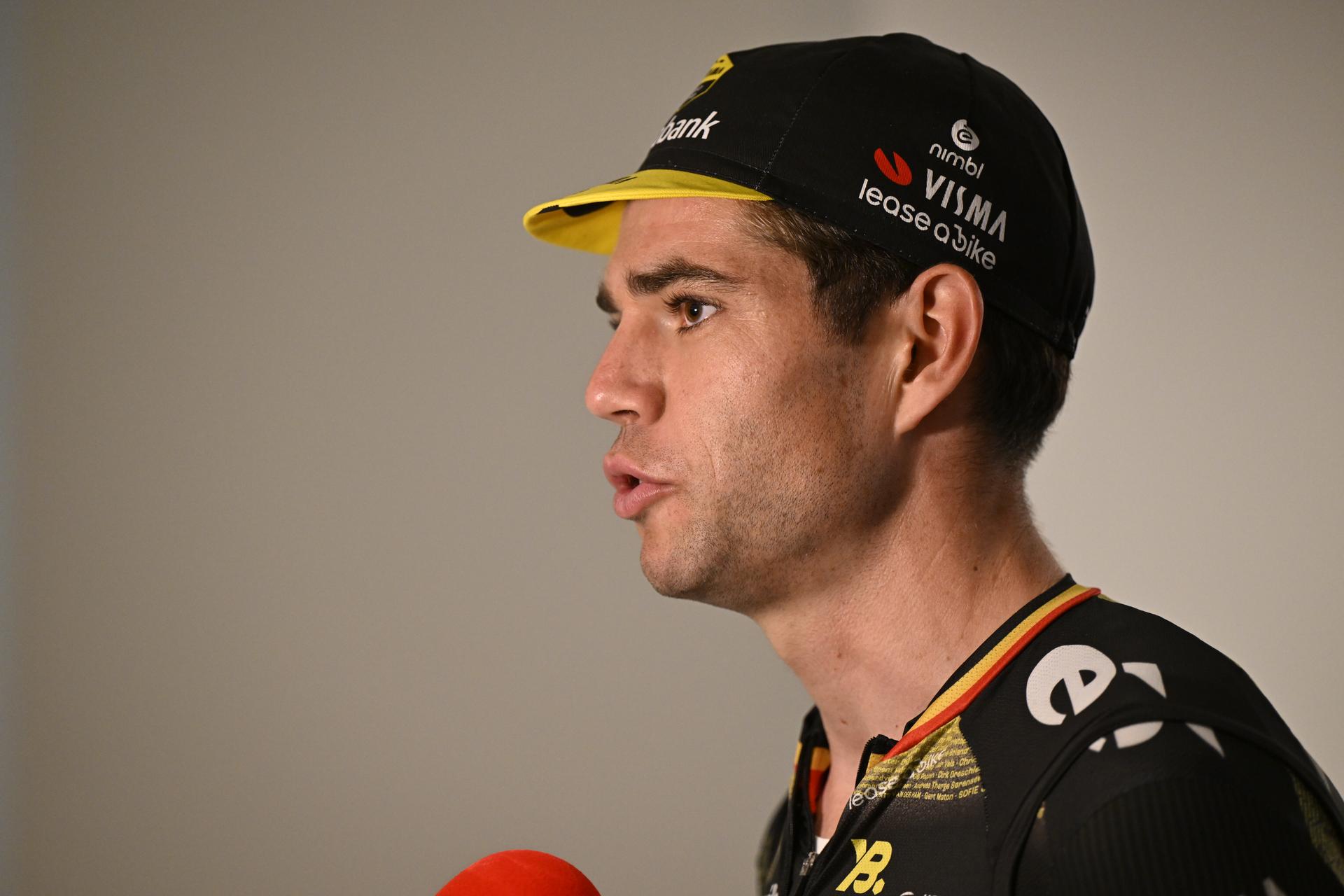 Belgian Wout van Aert of Team Visma-Lease a Bike and pictured talking to the press before the 'Natourcriterium Herentals' cycling race, in Herentals. The contest is a part of the traditional 'criteriums', local races in which mainly cyclists who rode the Tour de France compete. BELGA PHOTO TOM GOYVAERTS