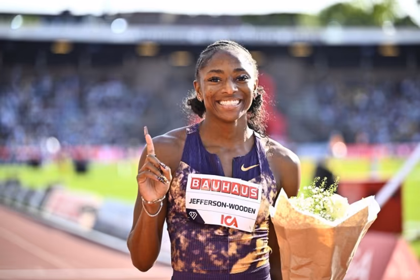 USA's Melissa Jefferson-Wooden celebrates winning the Women's 100m event of the IAAF Stockholm Diamond League athletics meeting in Stockholm, Sweden, on June 7, 2026. Christine OLSSON / TT NEWS AGENCY / AFP
