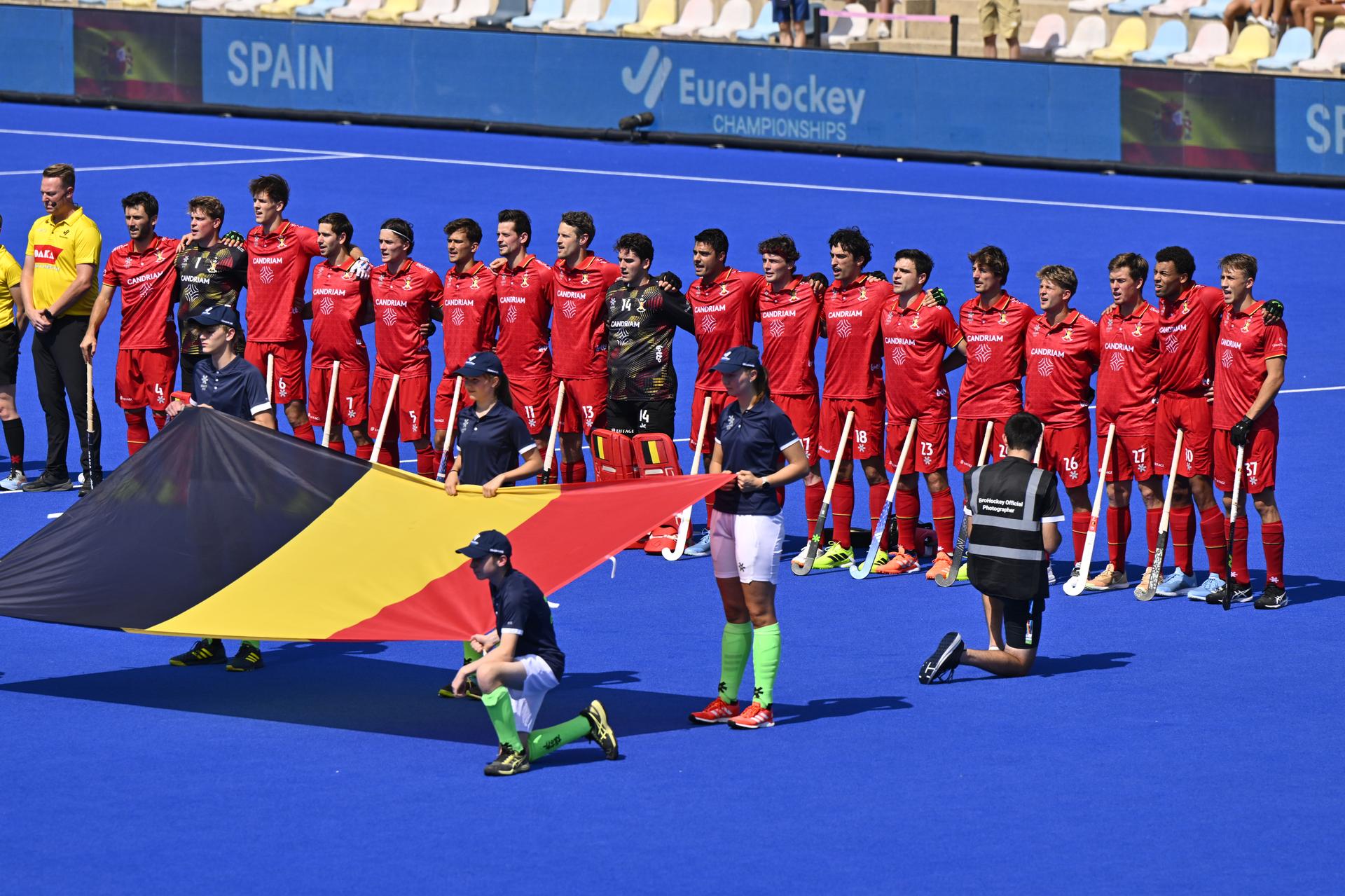 The Red Lions are pictured before a hockey game between Spain and the Belgian national team Red Lions, match 3/3 in the pool stage of the 2025 men's European championships, Tuesday 12 August 2025 in Monchengladbach, Germany. BELGA PHOTO ERIC LALMAND