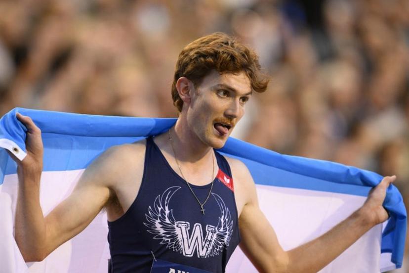 Luxembourg's Ruben Querinjean celebrates after winning the Men's 3000m Steeplechase event of the Diamond League athletics meeting at the King Baudouin Stadium in Brussels on August 22, 2025. JOHN THYS / AFP