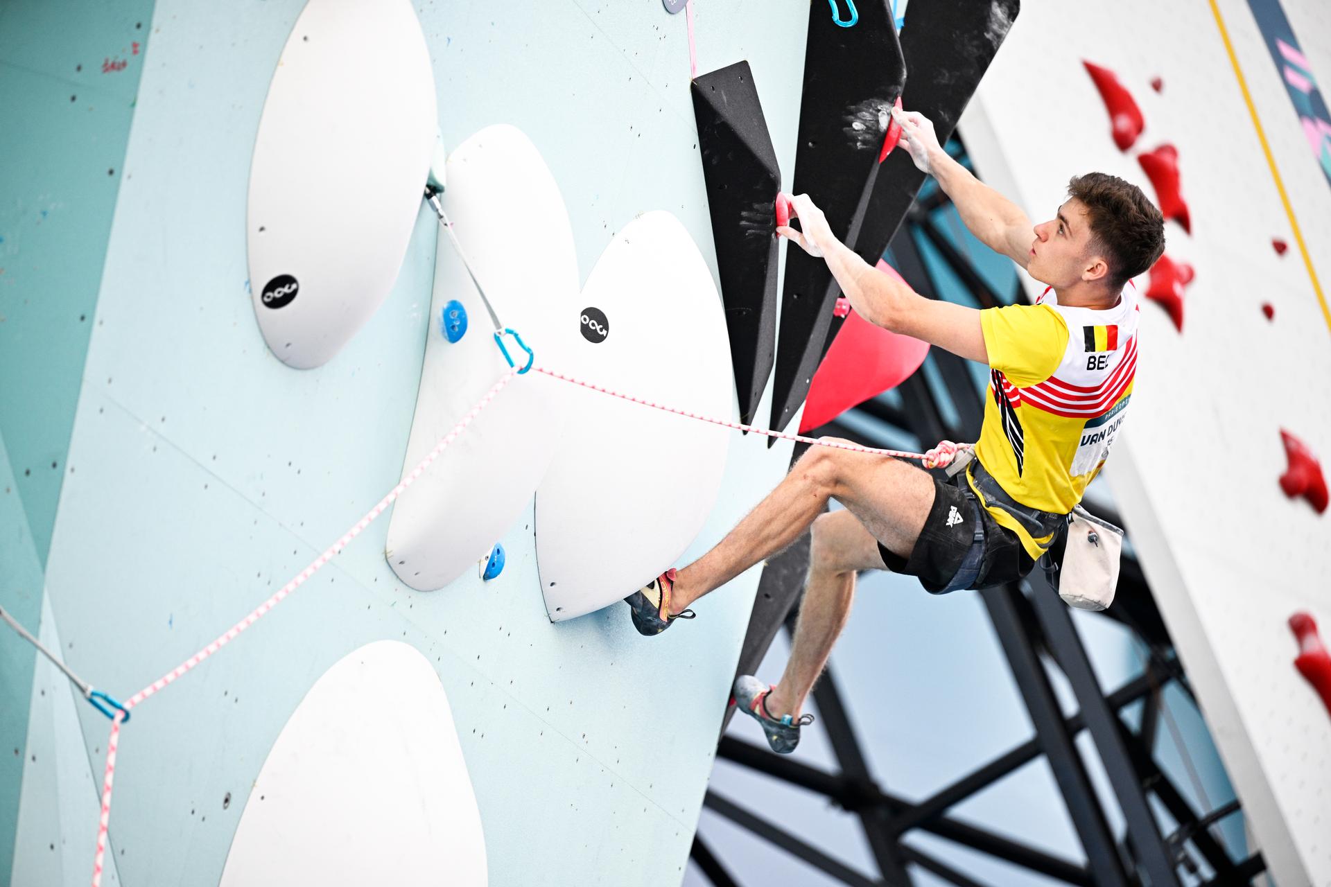 Belgian climber Hannes Van Duysen pictured in action during the men's Lead semi-final of the sport climbing event at the Paris 2024 Olympic Games, on Wednesday 07 August 2024 in Paris, France. The Games of the XXXIII Olympiad are taking place in Paris from 26 July to 11 August. The Belgian delegation counts 165 athletes competing in 21 sports. BELGA PHOTO JASPER JACOBS