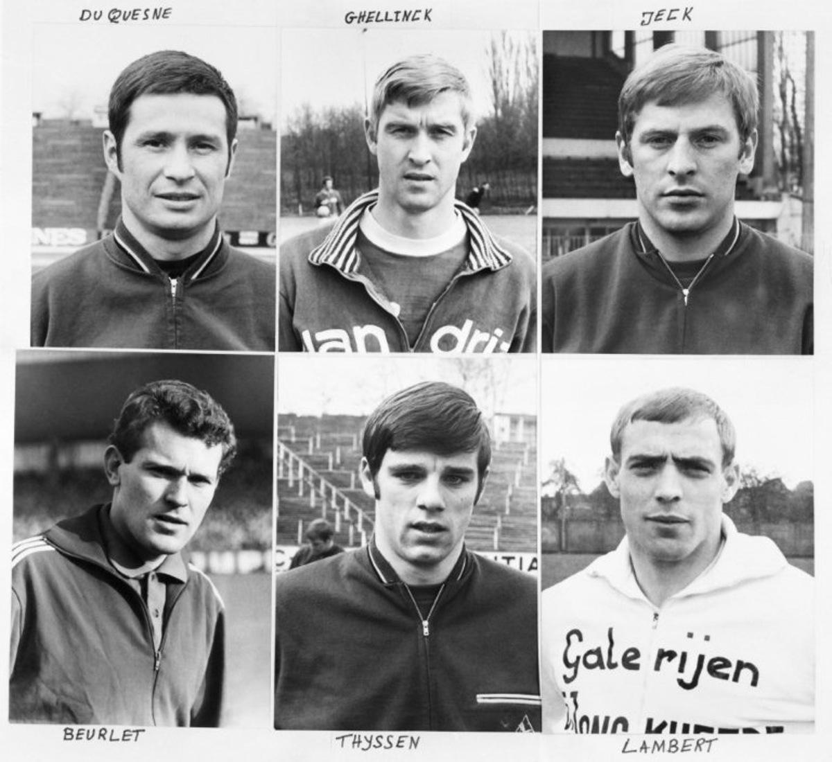 Portraits taken on May 22, 1970 of Belgium's national soccer team. Belgium will participate in the World Cup taking place in Mexico from 31 May to 21 June 1970. From L to R (up): Jacques Duquesne, Lucien Ghellynck and Léon Jeck, (down): Jacques Beurlet, Jean Thissen and Raoul Lambert. AFP