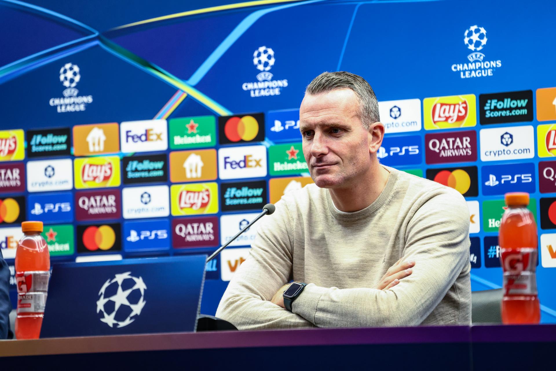 Club's head coach Nicky Hayen pictured during a press conference of Belgian soccer team Club Brugge KV, on Tuesday 04 November 2025 in Brugge. The team is preparing for tomorrow's game against Spanish FC Barcelona, on day four of the League phase of the UEFA Champions League tournament. BELGA PHOTO BRUNO FAHY