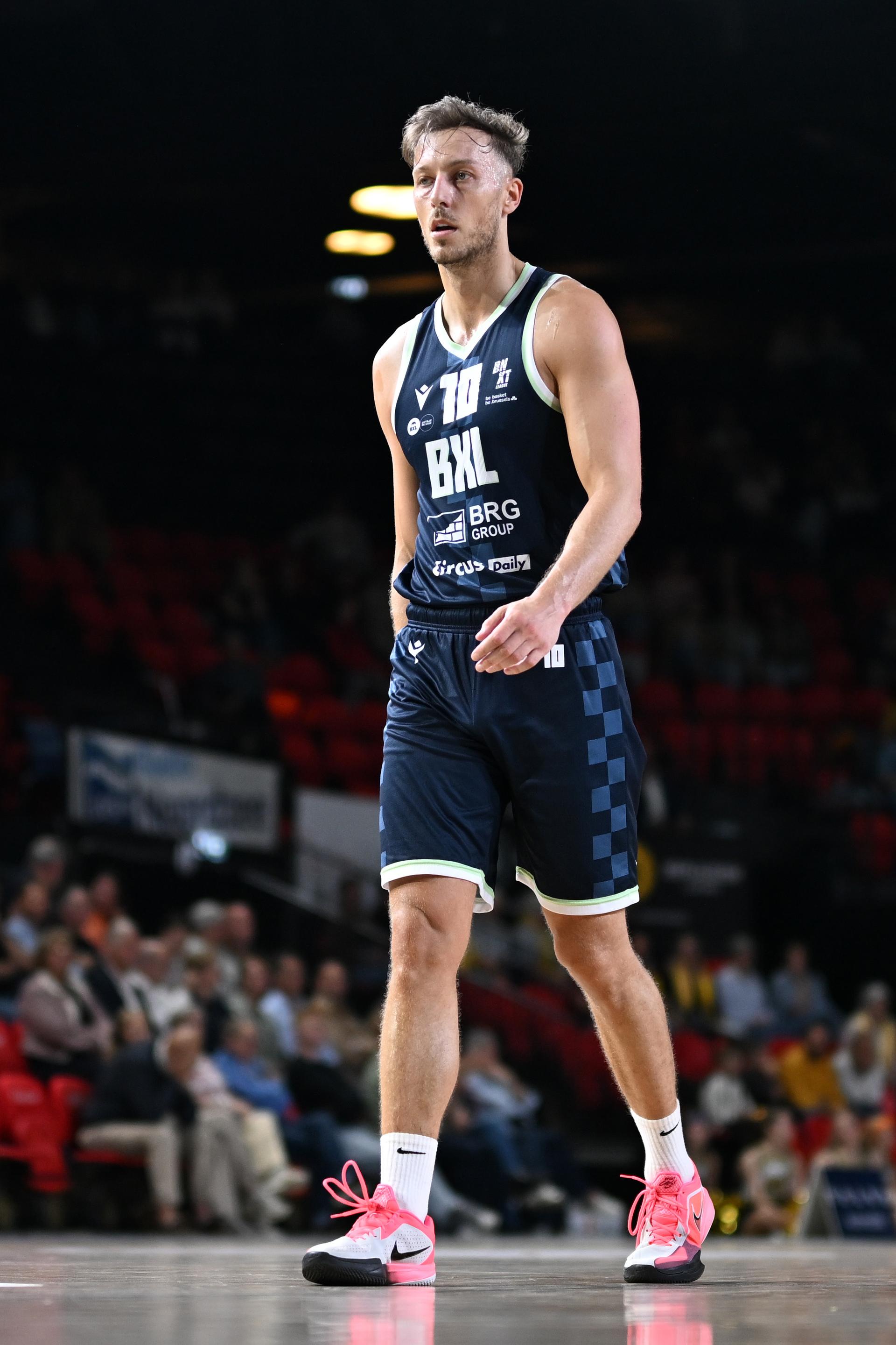 Brussels' Louis Hazard pictured during a basketball match between BC Oostende and Brussels Basketball, Saturday 09 May 2026, in Oostende, on the day 34th and last day of the 'BNXT League' Belgian/ Dutch first division basket championship. BELGA PHOTO MAARTEN STRAETEMANS